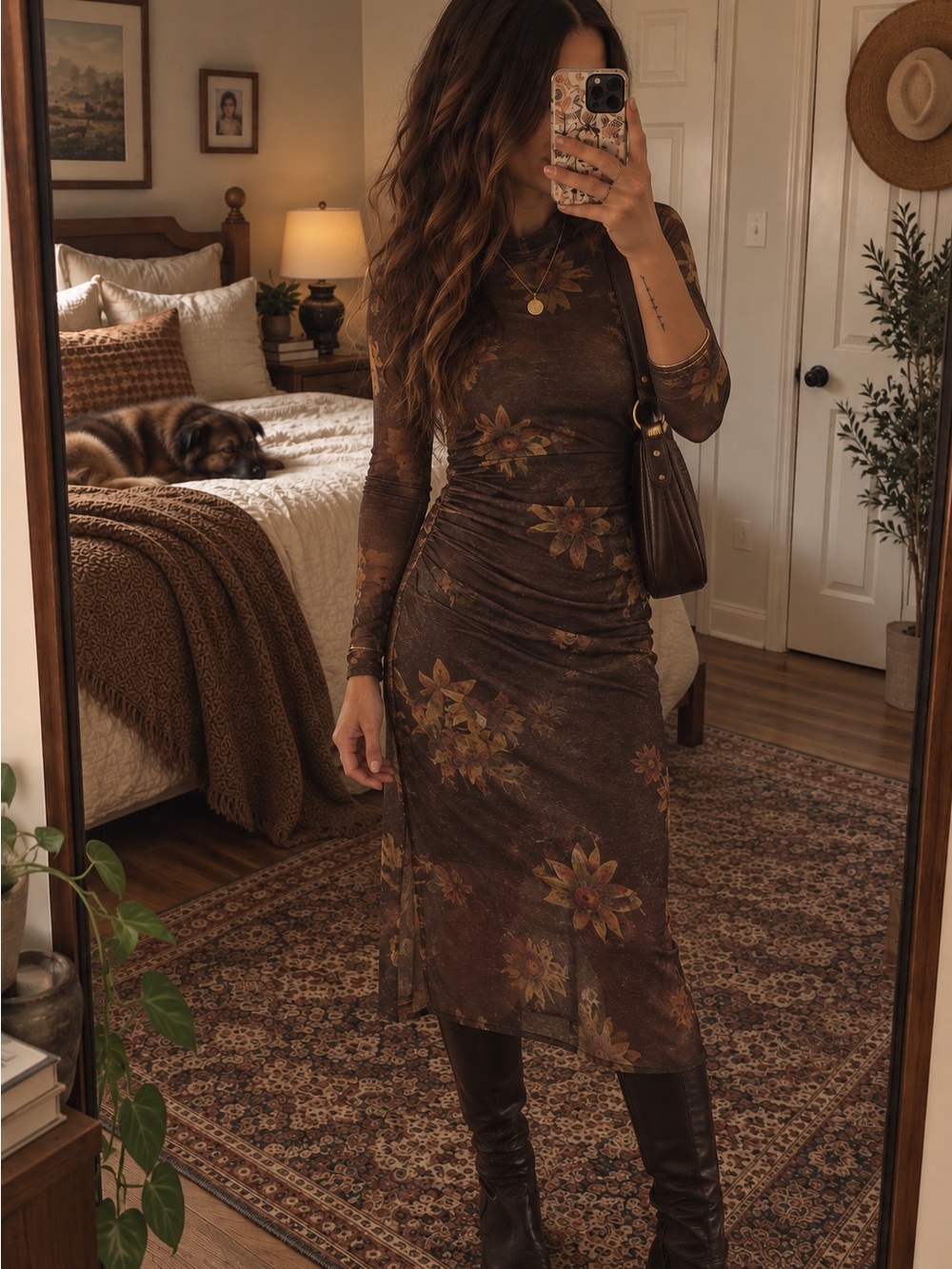 AllSaints Brown Floral Sheer Mesh Ruched Midi Dress UK 12 US 8